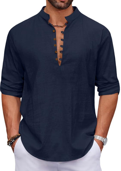 Macsivo MenS Stylish Mandarin Collar Kurta | Casual Ethnic Fusion Shirt For Daily, Party & Travel | Full Sleeves | Cotton Polye