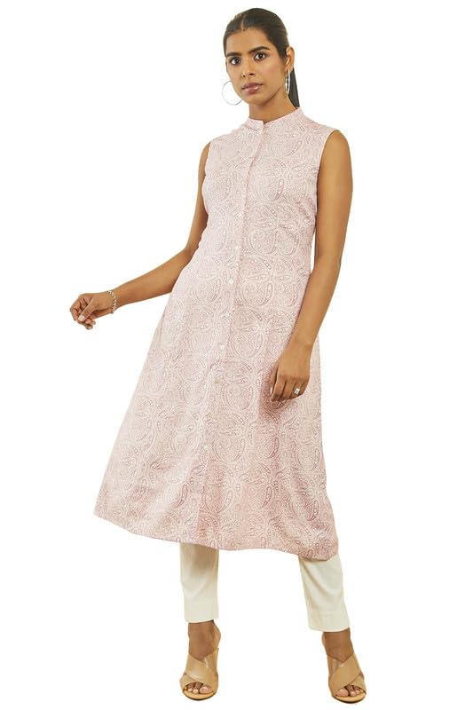 Soch Womens Pink Rayon Paisley Print A-Line Kurta With Front Button Placket