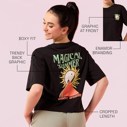 Enamor Womens Graphic Oversized Fit T-Shirt (E3G5_Jet Black Magical