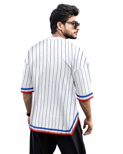 EYEBOGLER Oversized Loose Fit Drop Shooulder Half Sleeves Cotton Blend Baggy Printed T-Shirt for Men White