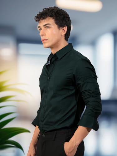 Pinkmint Mens Long Sleeve Button Down Olive Green Shirt for Men Collared Casual Formal Soild Shirt