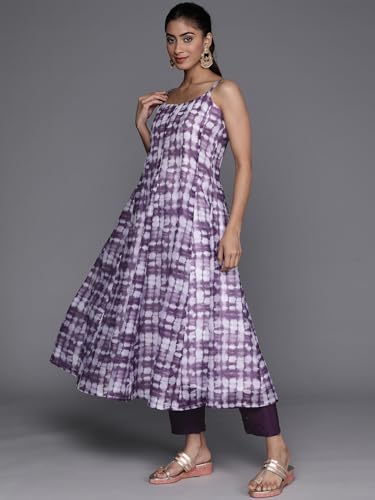 VARANGA Women Violet Spaghetti Strap Anarkali Kurta Paired With Tonal Bottom And Tonal Solid Dupatta