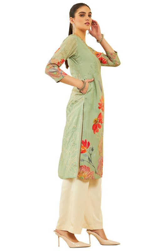 Soch Womens Sap Green Muslin Floral Print Kurta with Beads and Stones