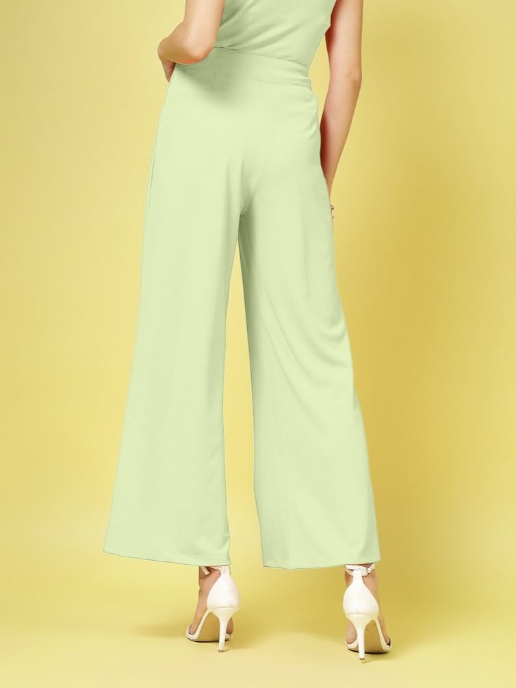 Womens Wide Leg Pants | Solid Green Stretchable Polyester Trousers | Stylish Korean Clothing | Flared, Straight Fit, Baggy, and