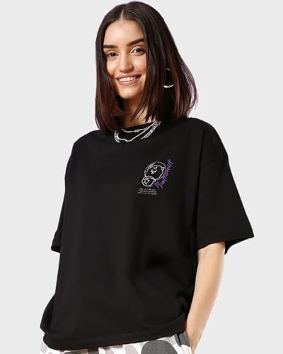 Bewakoof Womens BTS Astro (JIN) Graphic Print Black Round Neck Short Sleeve Oversized Fit T-Shirt
