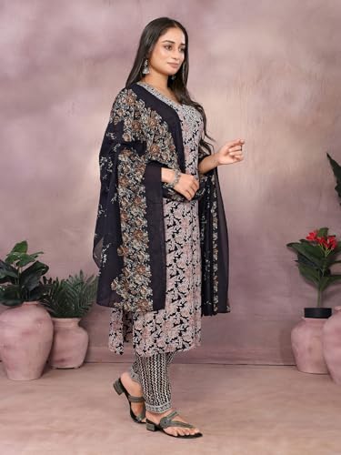 rangita Black Rayon Embroidered Straight Calf Length Kurta with Pant and Dupatta | Kurta Set for Women