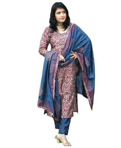 GoSriKi Womens Rayon Blend Straight Printed Kurta with Pant & Dupatta (Parimat Red-GS_XXL_Red_XX-Large)
