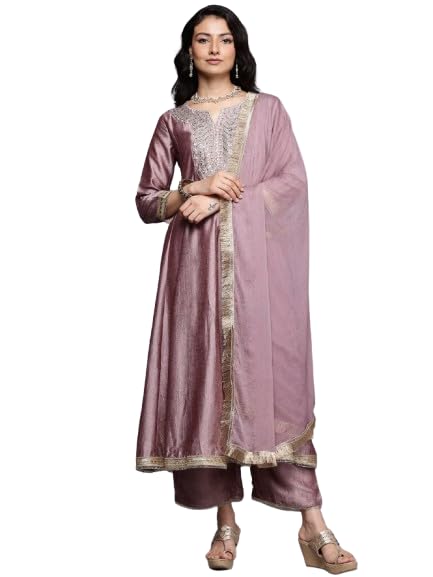 Varanga WomenS Mauve Zari Embroidered Sequins Embellished Anarkali Kurta With Bottom And Dupatta