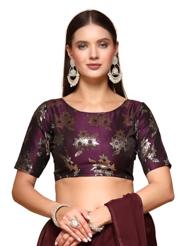 Oomph! WomenS Indian Ethnic Wear Designer Floral Pattern Zari Work Boat Neck Half Sleeve Purple Color Brocade Readymade Blouse