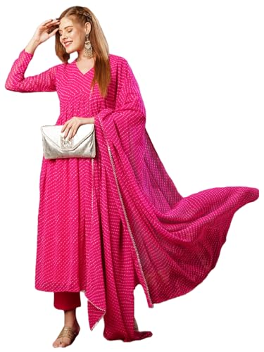 Anni Designer WomenS Georgette Lehariya Printed Anarkali Kurta With Pant & Dupatta (Mothda-Pink-Jl_L_Pink_Large)