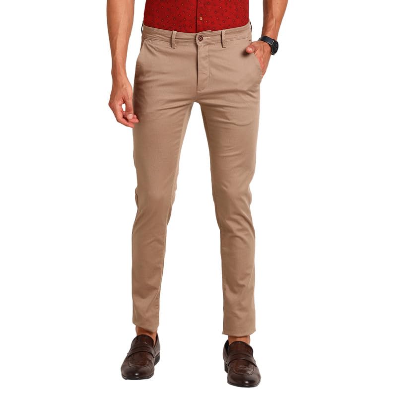 Turtle Men Cotton Stretch Printed Narrow Fit Brown Casual Trousers