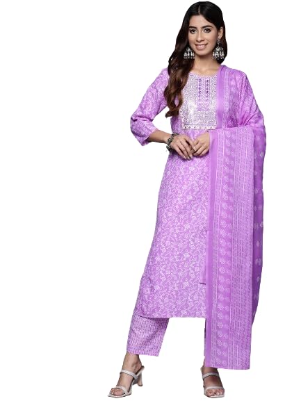 Varanga Women Lavender Floral Printed Embroidered Kurta Paired With Bottom And Dupatta
