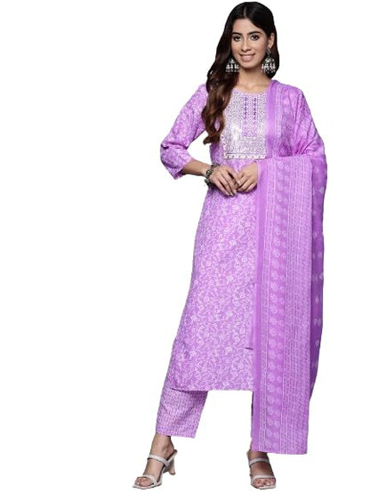 Varanga Women Lavender Floral Printed Embroidered Kurta Paired With Bottom And Dupatta