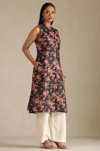 Soch Womens Black Linen Floral Print Kurta with Thread Work
