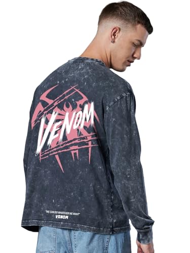 Bewakoof Official Marvel Merchandise Venom MenS Graphic Print Oversized Fit Full Sleeve Round Neck Cotton T-Shirt_651267_Grey_Xl