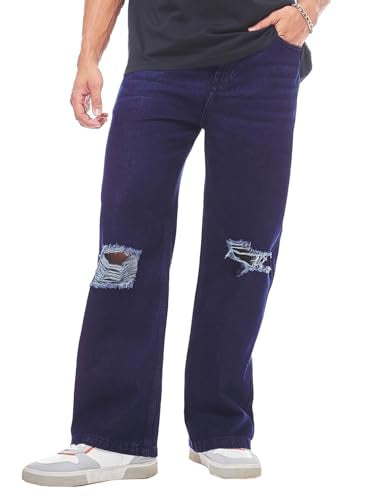 Bewakoof Mens Solid Straight Fit Cotton Distressed Jeans_624674_Blue_38