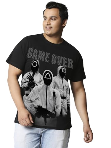 Bewakoof Official Squid Game Merchandise Mens Graphic Print Regular Fit Half Sleeve Round Neck Cotton T-Shirt_683858_Black_6XL