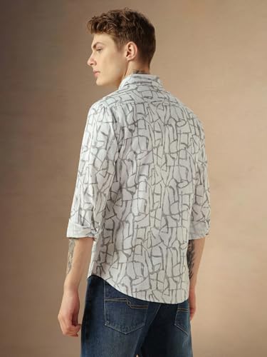 Dennis Lingo MenS Off White Cotton Spread Collar Long Sleeves Printed Shirts