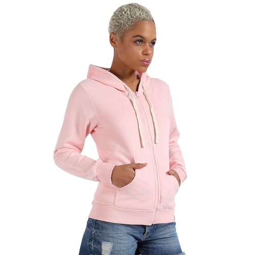 Campus Sutra Womens Light Pink Zip-Front Hoodie with Ribbed Hem for Casual Wear | Hooded Neck | Long Sleeve | Zipper Closure |