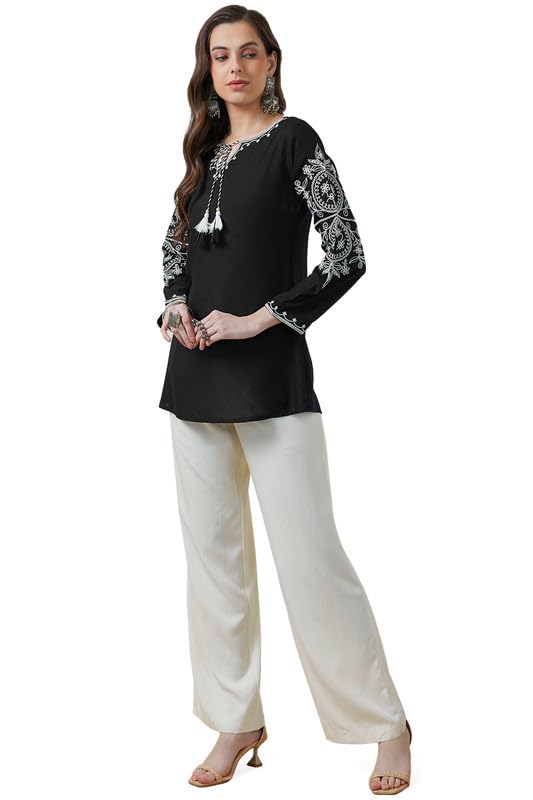 Soch Womens Black Rayon Embroidered Tunic with Tassels