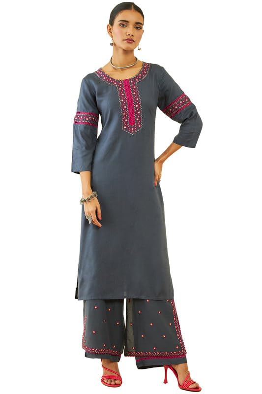 Soch Womens Grey Rayon Slub Embroidered Round-Neck Kurta Sets with Layered Palazzo