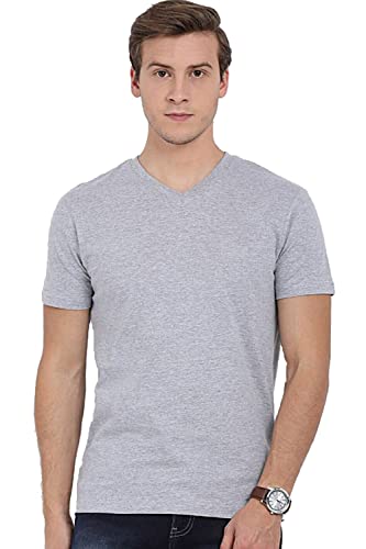 ADRO Men's V Neck Solid Cotton T-Shirt (VN-M-PLN-GR_Grey_XL)