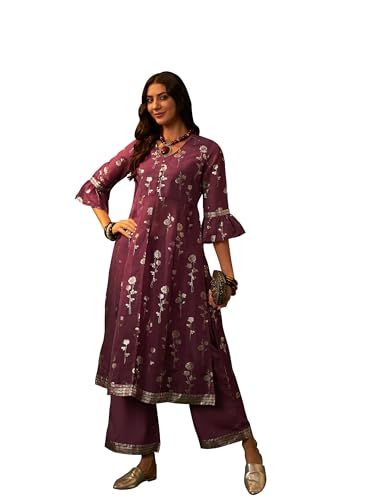 ZIYAA Women Onion Pink Organza Flare Kurta Palazzo Set