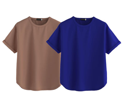 Juneberry Pure 100% Cotton Oversized Loose Baggy Fit Round Neck With Drop Shoulder Cork & Royal Blue Half Sleeves Boyfriend T-Sh