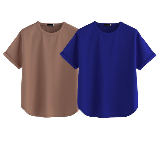 Juneberry Pure 100% Cotton Oversized Loose Baggy Fit Round Neck With Drop Shoulder Cork & Royal Blue Half Sleeves Boyfriend T-Sh