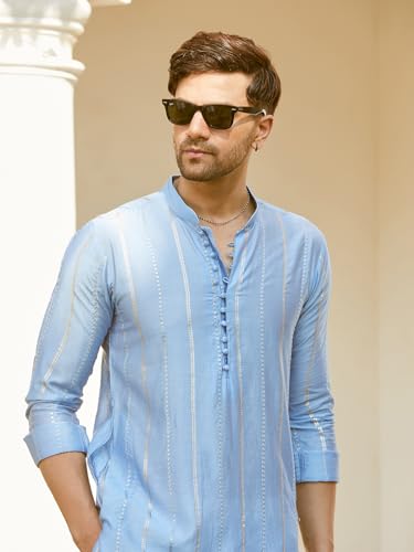 See Designs Men Full Sleeve Turquoise Blue Chanderi Silk Sequins Cotton Mandarin Collar Side Slit Kurta With Pyjama - Sd2Mkt_144