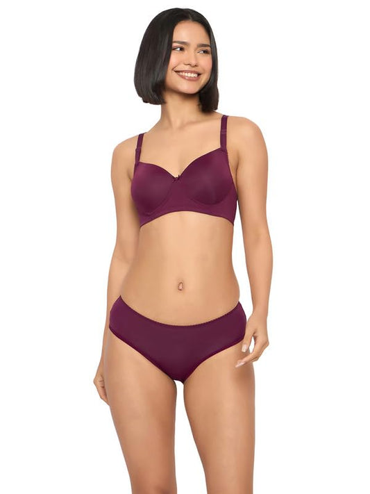 Clovia Womens Polyamide Solid Padded Full Cup Wire Free T-Shirt Bra & Mid Waist Hipster Panty (COMBBP107_Purple_32C)