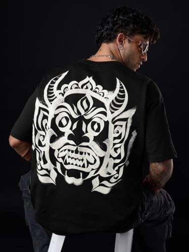The Souled Store Asura Bomma Men and Boys Short Sleeves Round Neck Black Graphic Printed Cotton Breathable Lightweight All-Seaso