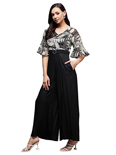Miss Chase Womens V-Neck Raglan Sleeve Wide Leg Regular Jumpsuit,(Mcss23D15-62-171-04, Multicolored Base Black, M)