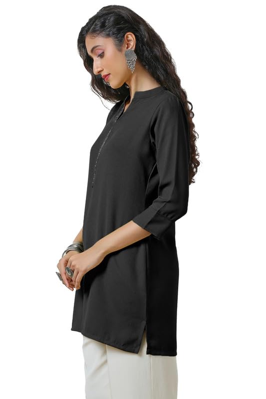 Soch Womens Black Mandarin Collar Straight Tunic with Stones