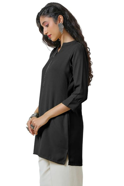 Soch Womens Black Mandarin Collar Straight Tunic with Stones