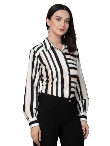 Style Quotient Women Black White Stripe Printed Polyester Boxy Casual Shirt