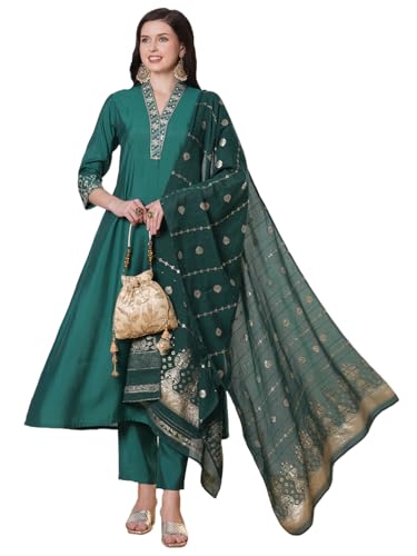ANNI DESIGNER Womens Rayon Viscose Anarkali Solid Kurta with Pant & Dupatta (Goyal Green_S_Green_Small)