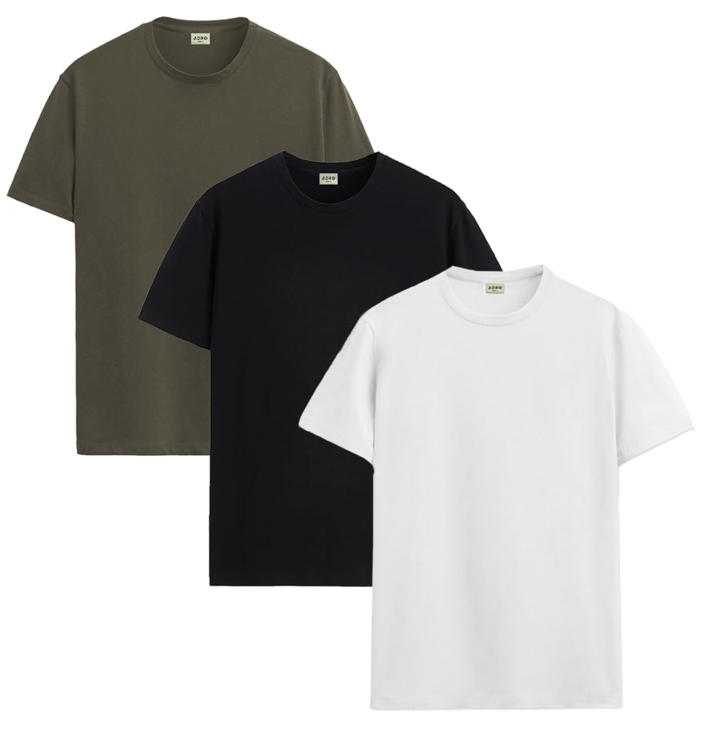 ADRO Mens Solid Regular Fit T-Shirt (RCM3-PLN-OL-BL-WH_Olive,Black,White