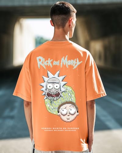 Bewakoof X Official Rick and Morty Merchandise Mens Bit Rick & Morty Graphic Printed 100% Cotton T-Shirt - Oversized Fit, Round