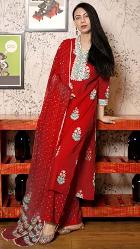 GoSriKi Ladies Viscose Rayon Printed Kurta with Trousers & Dupatta, Medium, Red, Model: Belagavi Mustard-GS