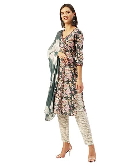 anubhutee Women's Cotton Teal Floral Printed Straight Kurta Suit Set With Pants And Dupatta