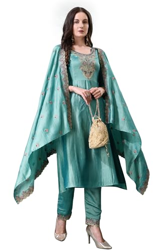Pratham Blue WomenS Silk Embroidered Straight Kurta Palazzos With Dupatta |Kurta Set For Women |Women Kurta |Women Embroidered