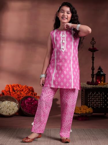 Libas Kids Womens Printed Cotton Straight Kurta With Trousers