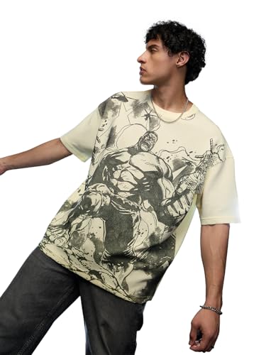 The Souled Store Hulk: Smashin Sketch 6.2 Men and Boys Short Sleeves Round Neck Off White Graphic Printed Cotton Oversized T-Sh
