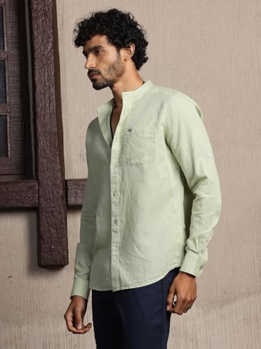 Thomas Scott 100% Cotton Linen Mandarin Collar Roll Up Sleeve Casual Shirts For Mens Pista