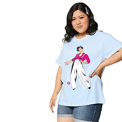 Bewakoof Womens Plus Size Graphic Print Cotton T-Shirt- Boyfriend Fit, Round Neck, Half Sleeves 579002_Blue_4XL