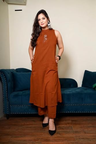 ELLITI Cotton Slub Sleeveless Kurta With Pant Set for Women, Orange Colour Kurta With Detailing & Embroidered Pocket Accents  El