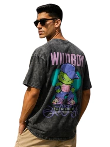 Veirdo Mens Graphic Print Oversized Fit Short Sleeve Round Neck Cotton Acid Wash T-Shirt in Colors with Sizes