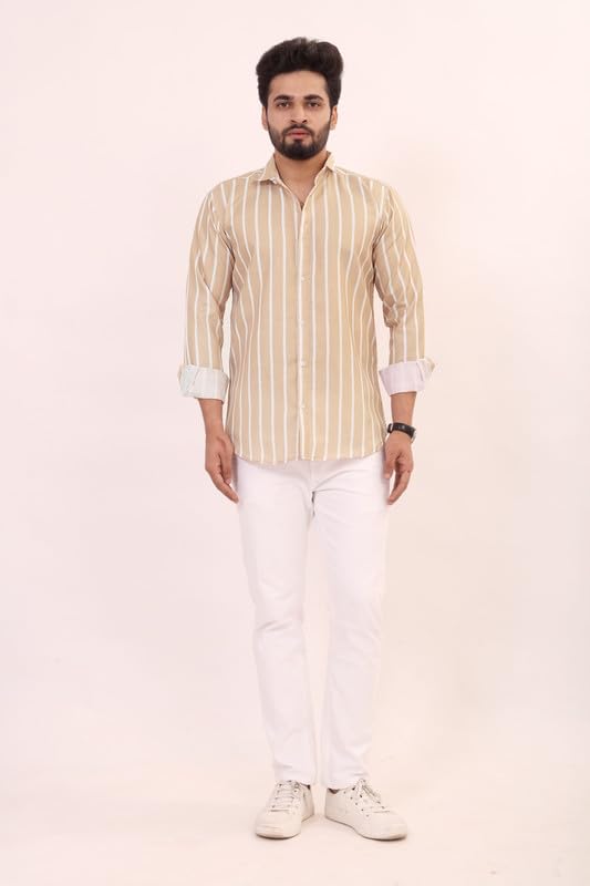 Brown Culture MenS Cotton Blend Striped Print Shirt With Spread Collared Full Sleeves Standard Length And Button Down Closure T