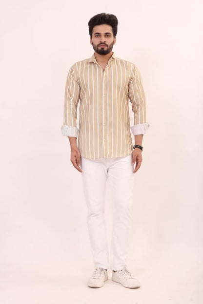 Brown Culture MenS Cotton Blend Striped Print Shirt With Spread Collared Full Sleeves Standard Length And Button Down Closure T